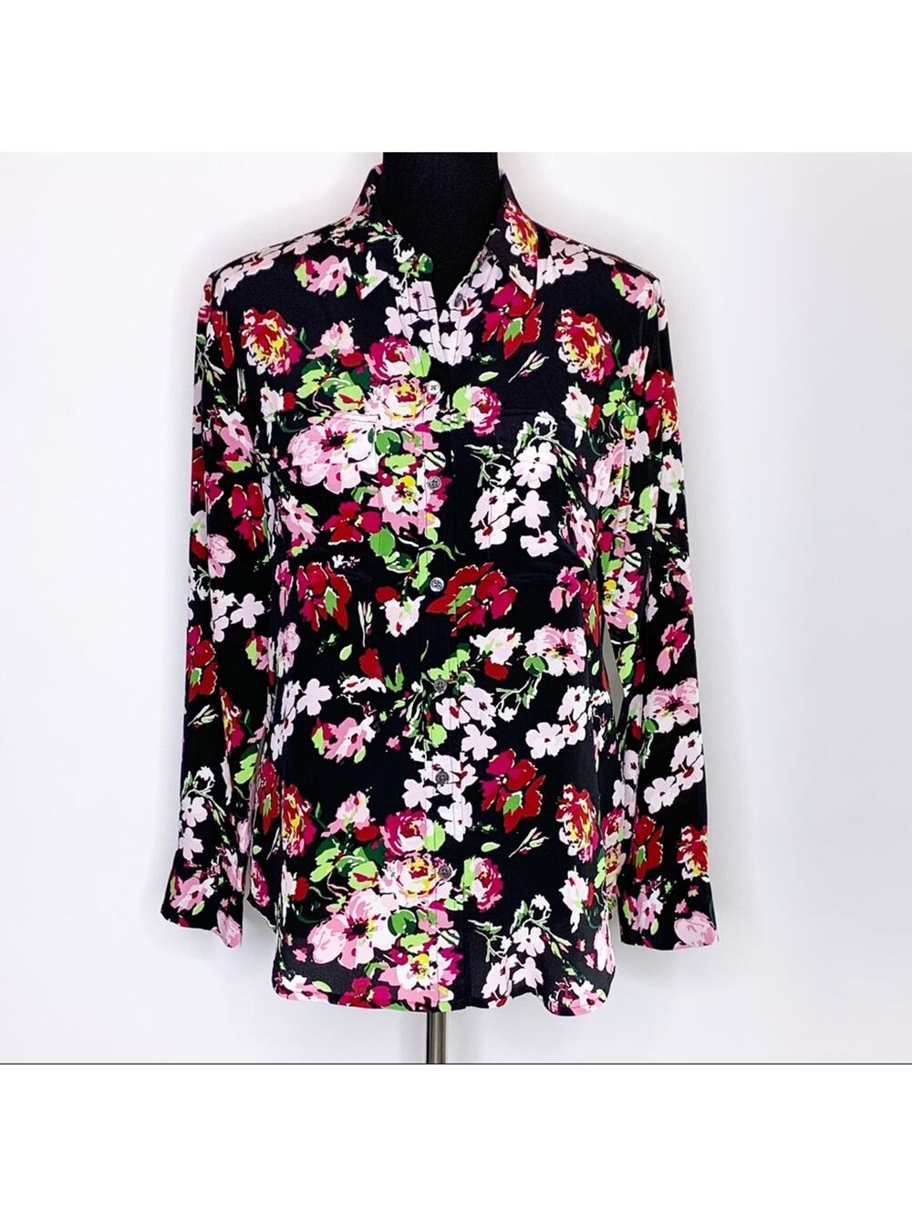 Equipment black pink floral silk button down top size Small